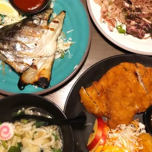 Pork Katsu Don, 1/2 order of udon, grilled squid.