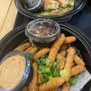Tempura, green beans and potstickers