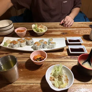 Green tea. Salmon roll and tuna roll