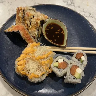 Spicy Tuna Sandwich Roll; Philadelphia Roll; spicy Salmon Crunchy Roll