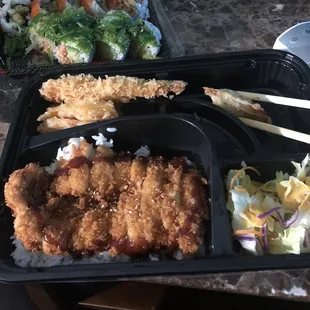 Chicken Katsu Box, 5 Piece Shrimp Tempura Roll, 8 Piece Spicy Tuna Roll