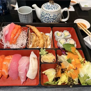We were greeted by the hostess, and  nice waitress took our order &amp; brought me this Bento Box that was YUMMERS!