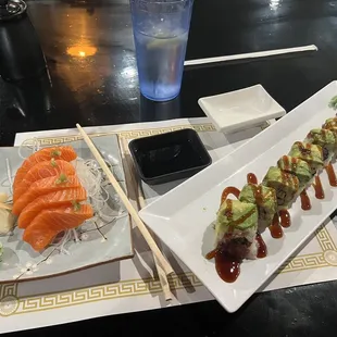 Salmon (Sake) sashimi and a Caterpillar roll