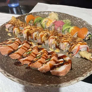 Closest to camera: Tiger Eyes Roll Middle: Tomo Roll Furthest: Rainbow Roll
