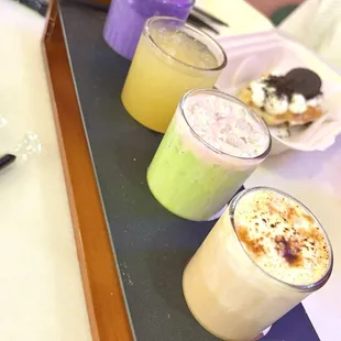 TOMO Flight; ube cloud, calamansi sugar cane juice, matcha strawberry bliss, Brown Sugar Creme Brulee Milk Tea