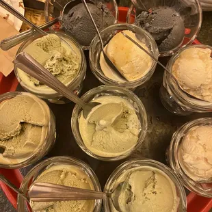 Green tea, black sesame, and Lychee ice cream
