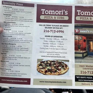 a menu for tomori's pizza and subs