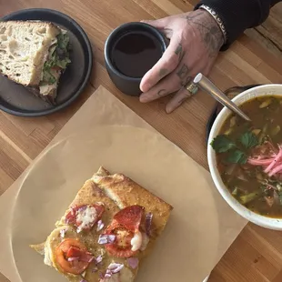 Turkey sandwich, veggie soup, coffee and a daily flatbread.
