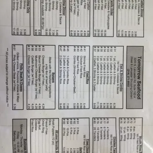 the menu for the restaurant