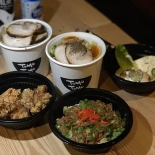 Karaage (full size), pork Bao (part of set), Gyu Don(beef bowl), two tonkatsu tsukemen with egg and the other with extra pork belly
