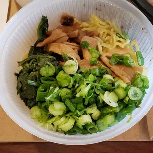 Spinach, bamboo shoots, scallions (and pork belly) provided with the ramen