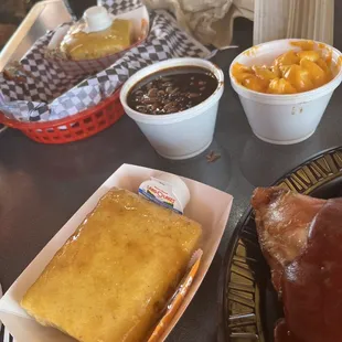 Cornbread, Mac &amp; Cheese, BBQ Beans