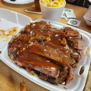 Pulled pork, brisket, and ribs