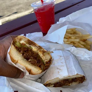 Chicken teriyaki sandwich fries and cherry slush