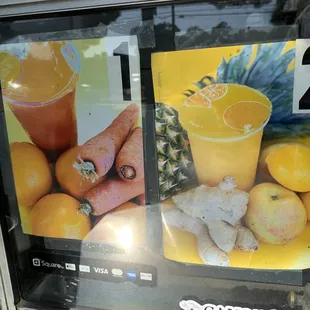 Fresh squeezed juices: 1 is Carrot Orange and 2 is Pineapple Ginger
