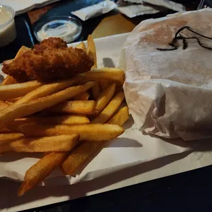 Jalapeno poppers, fries, and burger