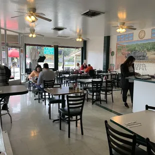 Bright interior seating.