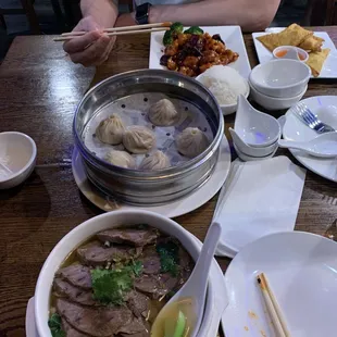 Hand pulled noodle soup with beef brisket, dumplings