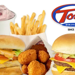 a burger, fries, and dip