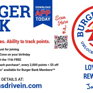 Joint Tom's Drive In's loyalty program called Burger Bank