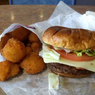 Cheese curds and BBQ Bacon Deluxe Burger