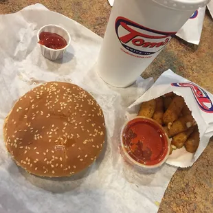Double cheeseburger meal with mozzarella sticks