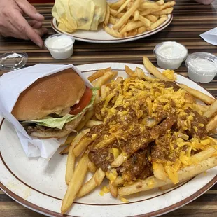 Mushroom Swiss burger and chili cheese fries.