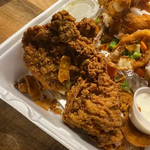 Fried chicken and onion rings