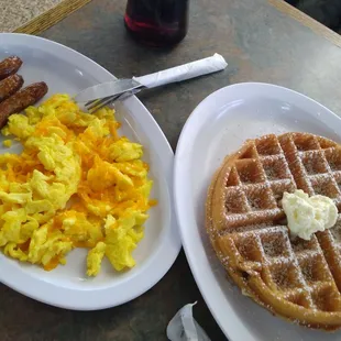 Eggs sausage and waffles