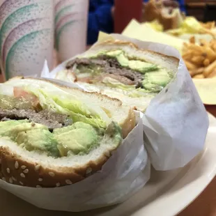 Burger cut in half