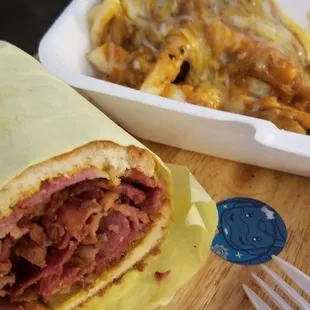 Pastrami and chili cheese fries