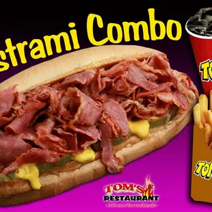 Pastrami sandwich on French Roll with mustard and pickles