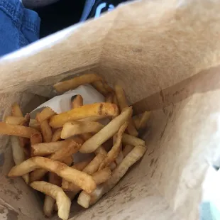 They just filled the big bag and let the fries fall into the little bag, now that&apos;s a deal!! Golden crispy too