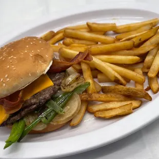 a hamburger and french fries