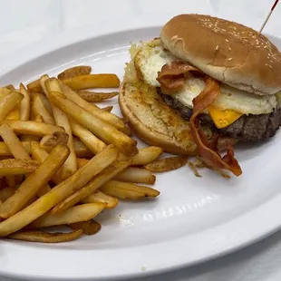 a hamburger and french fries