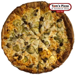 Big MacDaddy Pizza !! Try it if you love burgers. Hamburger, onions, &amp; pickles over our secret MacDaddy sauce base.