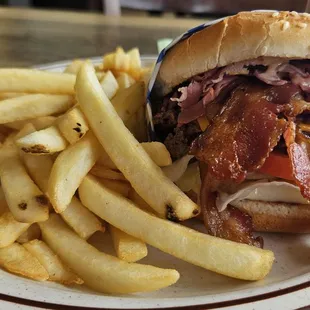 Pastrami Burger Plus bacon and cheese, with extra mayo. Good! Fries were freshly cooked to order. Next time I'll ask for fries well done.