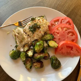 Halibut Brussels tomatoes