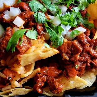 Scoop of Al Pastor in full size nachos