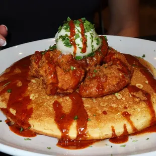 The Crispy Chicken &amp; Cornbread Pancake was made with sweet cornbread pancake topped with premium hand-battered chicken tenders.