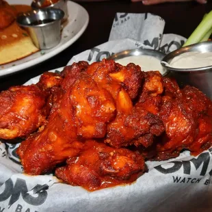 The Jumbo Buffalo Wings were 8 jumbo wings served with fresh carrots, celery, and choice of ranch or blue cheese.