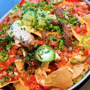 Deep Dish Nachos with half braised short rib, half adobo chicken