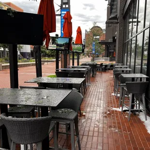 tables and umbrellas on a rainy day