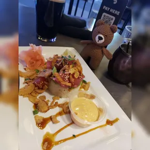 Ahí Tuna Poke Appetizer was mommy's fave! #tomswatchbar #DTLA #LA #hockey #mortimerthebear #kokoabear