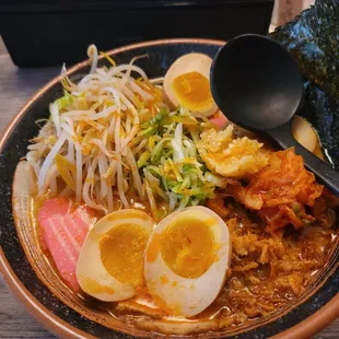 Spicy Tonkatsu Ramen with extra egg and bean sprouts
