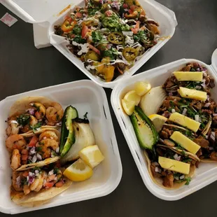 Shrimp tacos, Super nachos,  AL Pastor tacos