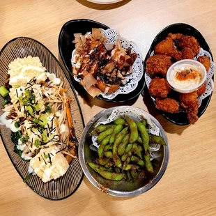 Appetizers. Highly recommend the tofu, garlic edema, karaage and takoyaki