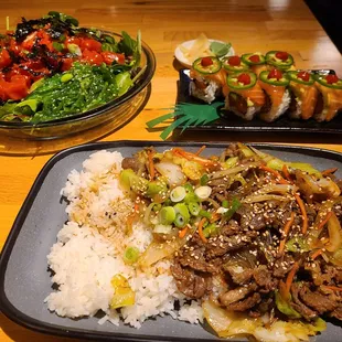 Ahi salad, bulgogi and japchae, xxx roll... delicious!!!