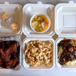 Spicy &quot;San Tung Wings&quot; (8 pc-$20.95), Tang Soo Yook: Sweet &amp; Sour Pork ($18.95), Jjajangmyeon: Black Bean Noodles w/ beef+shrimp ($12.95)