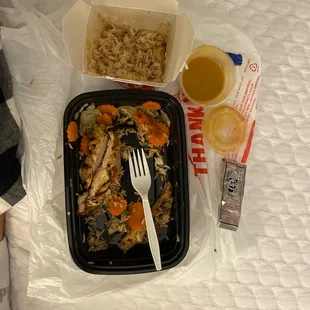 Grill Lemongrass chicken, boiled carrots, broccoli, and cabbage with peanut sauce. Mostly eaten...